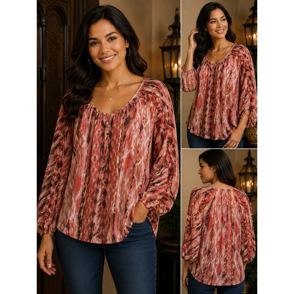 Liverpool Los Angeles Women's Small Coral Pink Abstract Print Ruffle